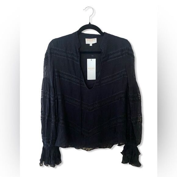 Rococo Sand x REVOLVE Selene Blouse in Black peasant sleeve beaded sheer top new - Picture 3 of 13